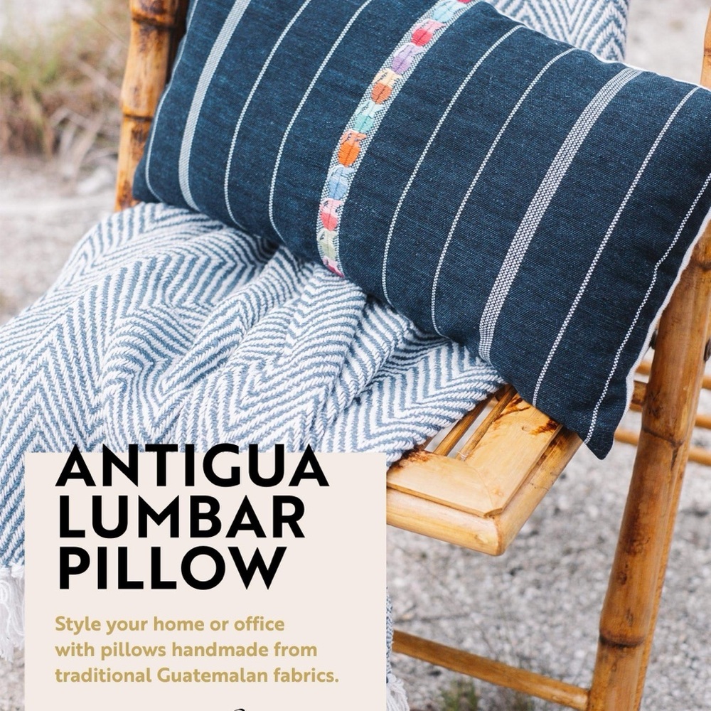 Antigua Blue Embroidered Lumbar Pillow - Fair Trade from Guatemala 18” x 10”